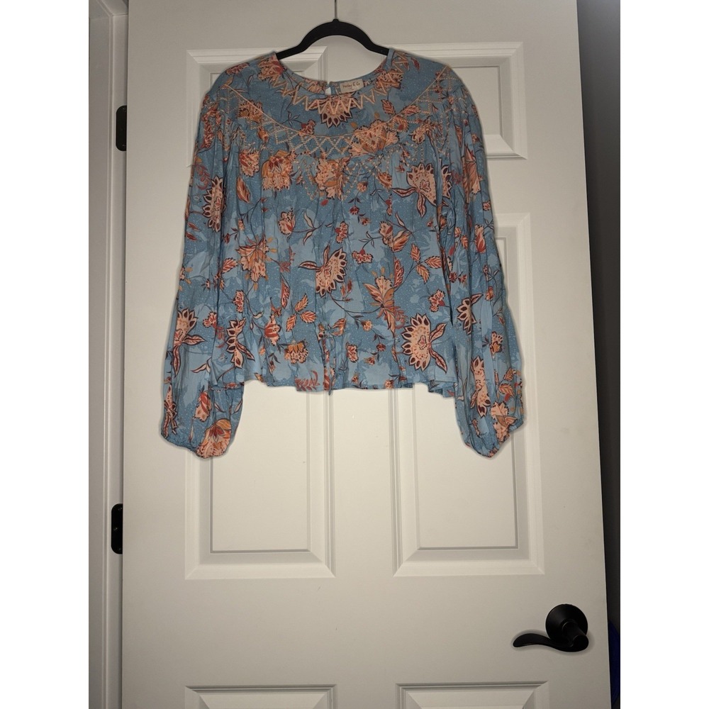 Hailey And Co Balloon Sleeve Top Blue Multi Floral Embroidered Large Nwot
